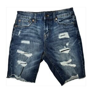 Aeropostale Men’s Dark Denim Slim Cut-Off Ripped Shorts Size 28